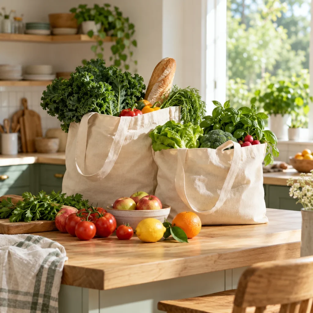 Canvas grocery bags with fresh vegetables, bread and fruit on a sunlit kitchen island.