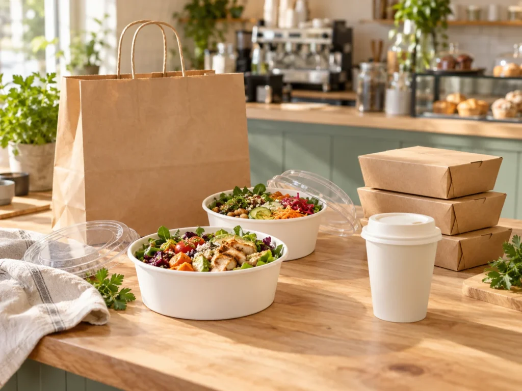 Salad bowls, takeaway boxes, a paper bag and a cup prepared on a café counter.