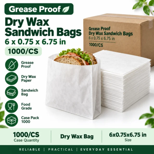 Grease Proof Dry Wax Sandwich Bags 6"X3/4"x6 3/4" / 6x0.75x6.75 - 1000/CS