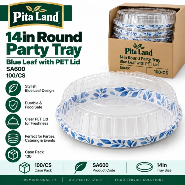 14in Round Party Tray - Blue Leaf with PET Lid / Pita Land - SA600 - 100/CS