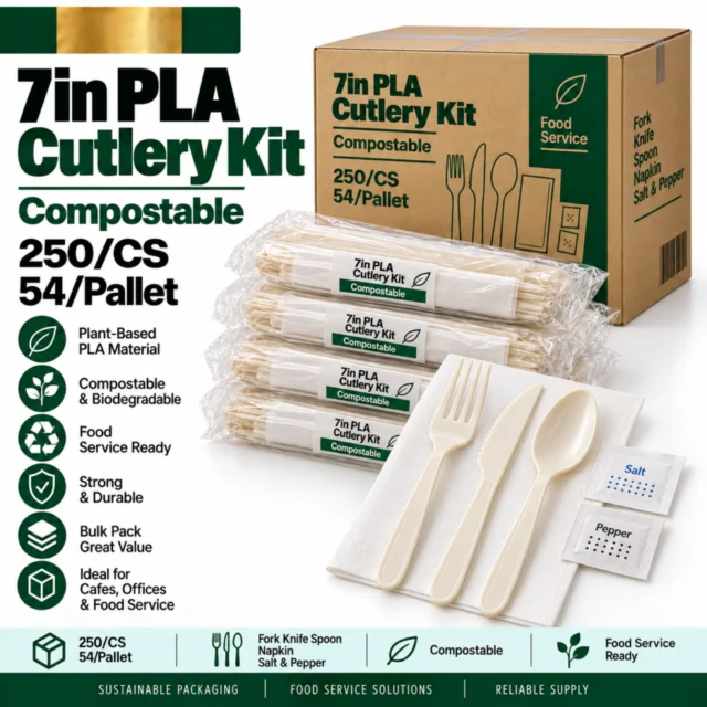 7in PLA Cutlery Plastic Kit (Fork, Knife, Spoon, Napkin, Salt and Pepper) Case - Compostable Kit - 250/CS (54/Pallett)