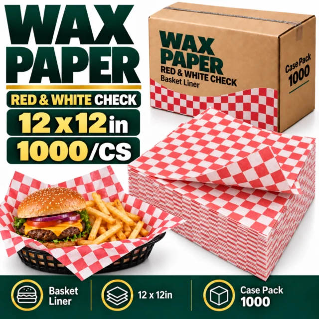 Wax Paper – Red & White – Liner Basket Red Check - 12×12in (1000/CS)