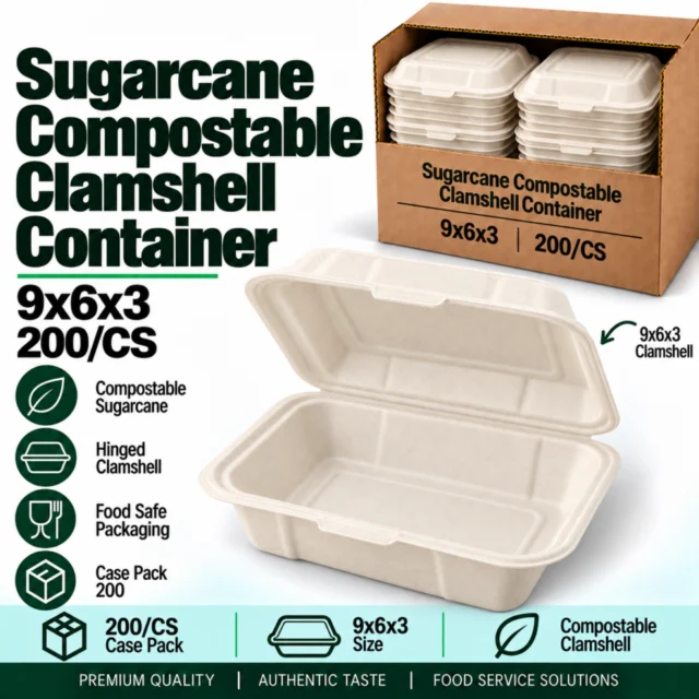 Sugarcane Compostable Clamshell Container – 9x6x3 - 200/CS