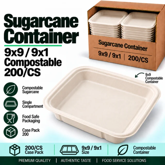 Sugarcane Container – 9x9 / 9x1 - Compostable - 200/CS
