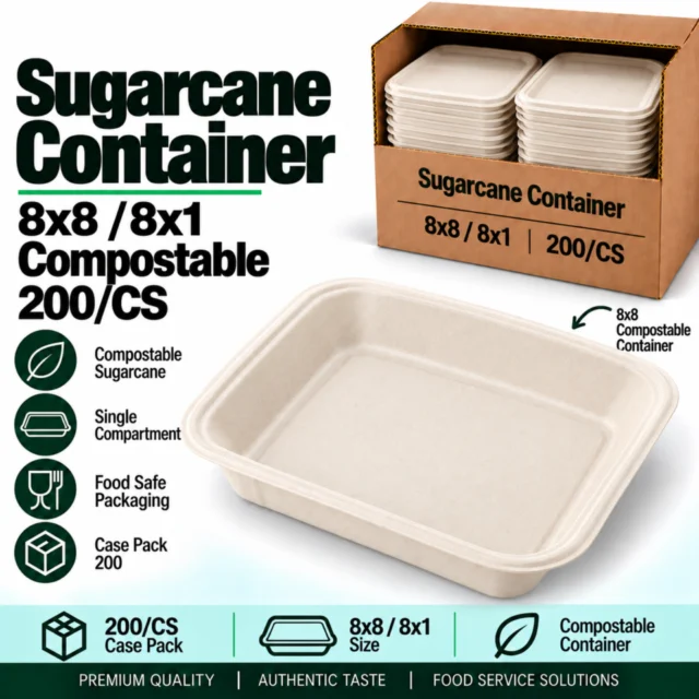 Sugarcane Container – 8×8 / 8x1- Compostable - 200/CS