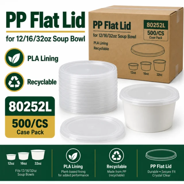 PP Flat Lid for 12/16/32oz Soup Bowl - PLA Lining - (Recyclable) - 500/CS (80252L)