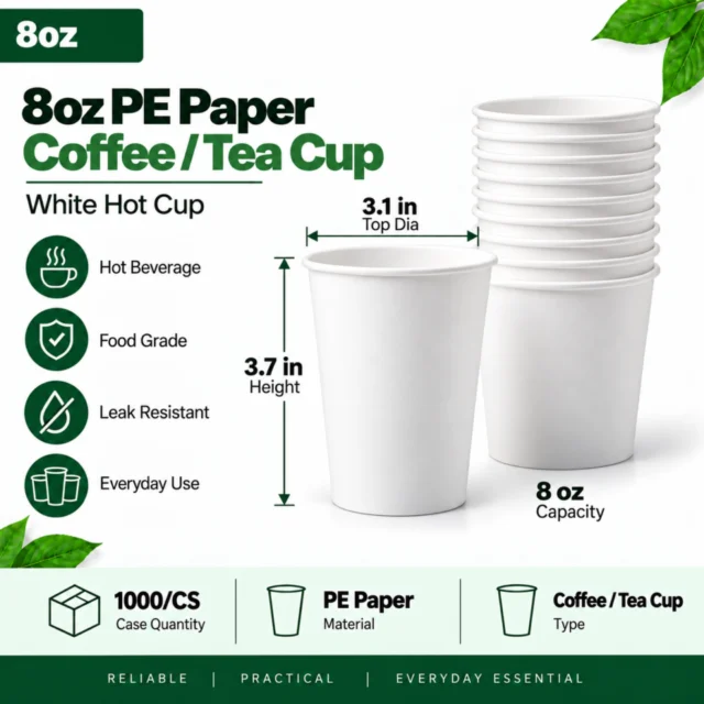 8oz PE Paper White Coffee Cup / Tea Cup Case - 1000/CS