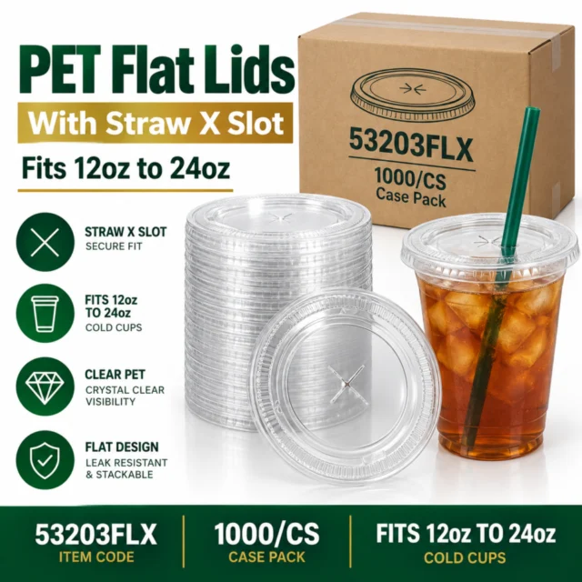 PET Flat Lids With Straw X Slot fits 12oz to 24oz PET Clear Cold Cups Case - 1000/CS (53203FLX)