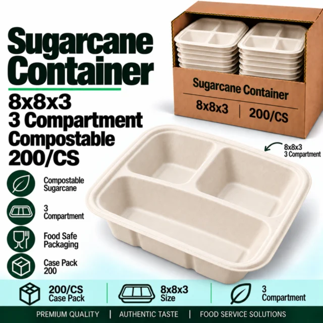 Sugarcane Container – 8x8x3 – 3 Compartment - Compostable - 200/CS