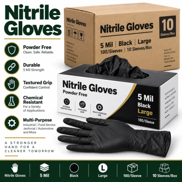 Nitrile Gloves – 5 Mil – Black – Large 100/Sleeve - (10Sleeves/Box)