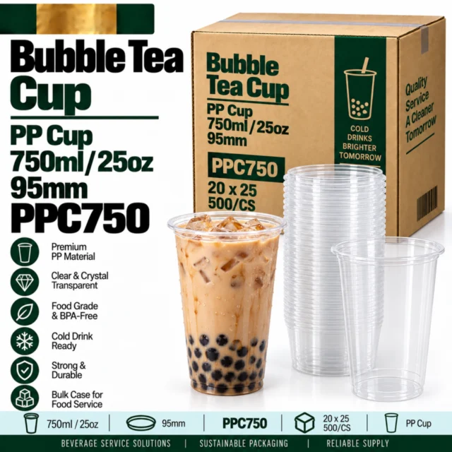 Bubble Tea Cup / PP Cup 750ml / 95mm / 25oz / PP Hard Cup / Case- PPC750 - 20x25/CS=500/CS
