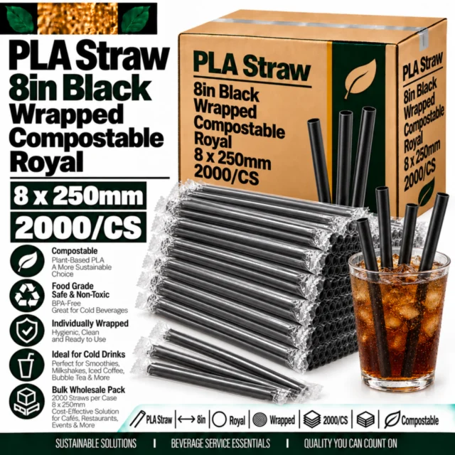 Straw – PLA – 8in – Black Case - Wrapped - Compostable - Royal - 8x250mm/CS=2000/CS