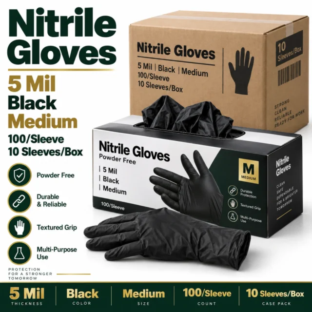 Nitrile Gloves – 5 Mil – Black – Medium 100/Sleeve - (10Sleeves/Box)