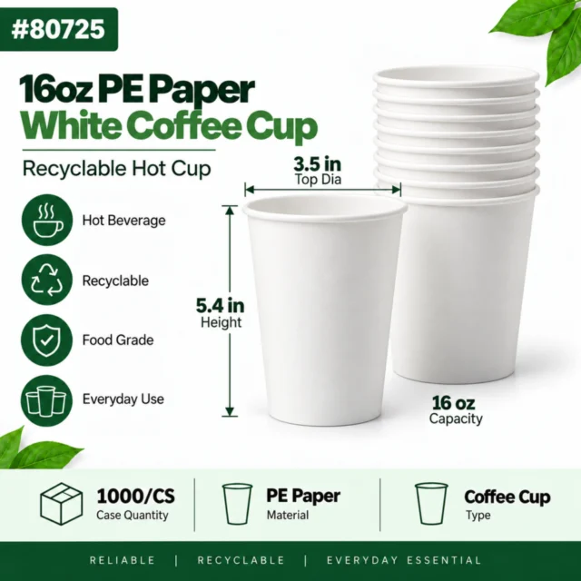 16oz PE Paper White Coffee Cup Case (Recyclable) – 1000/CS (80725)