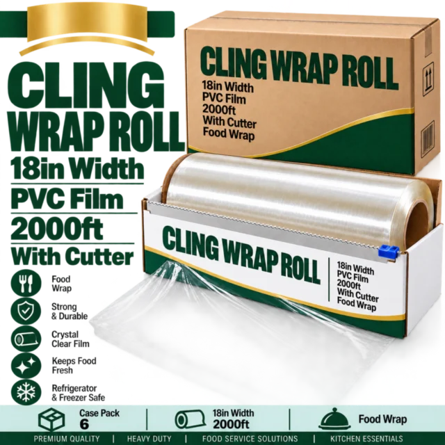 Cling Wrap Roll 18in – Film PVC 2000 ft (with cutter)