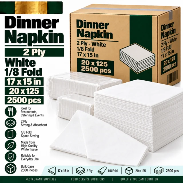 Dinner Napkin – 2 Ply - White - 1/8 fold Case - 17x15" (20x125/2500pcs)