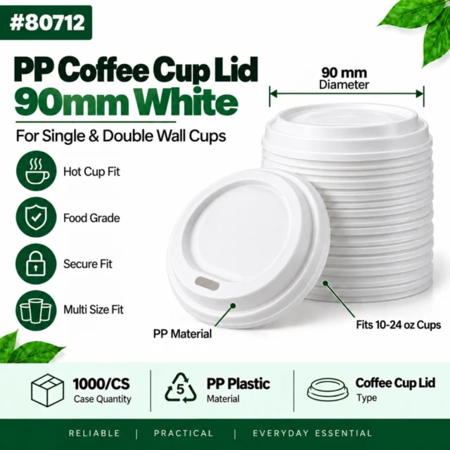 PP Coffee Cup Lid (90mm) (White Color) for 10oz/12oz/16oz/20oz/24oz Single and Double Wall Coffee Cup / Case - 1000/CS (80712)