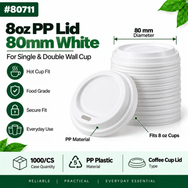 8oz PP Lid (80mm) - White for Single and Double Wall Cofee Cup / Case - 80711 - 1000/CS