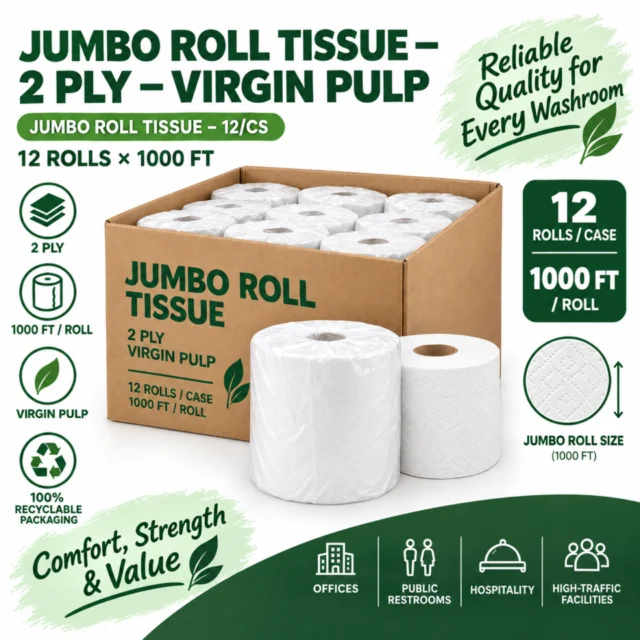 2ply Jumbo Roll Tissue Individually Wrapped 12x1000ft Virgin Pulp (12/CS)