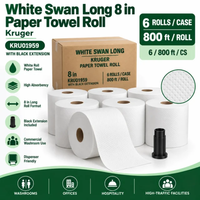 White Swan Long 8in Paper Towel – Roll – Kruger - With Black Extension - KRU01959 - 6/800ft/CS