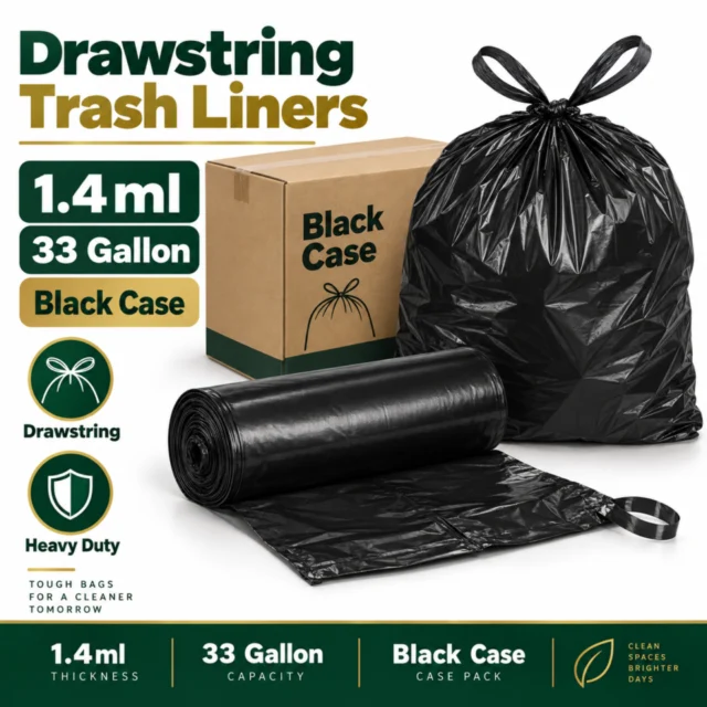 Drawstring Trash Liners - 1.4ml, 33 Gallon, Black Case