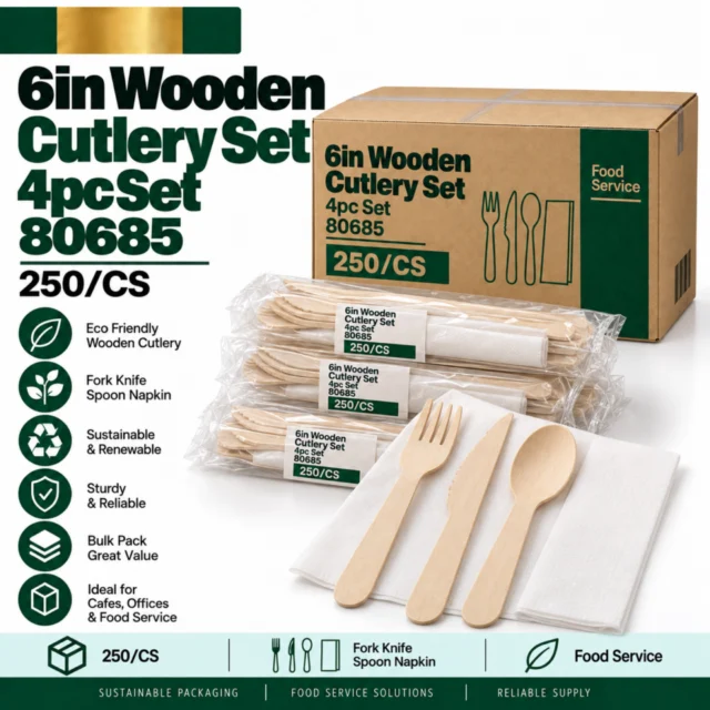 6in Wooden Cutlery Set Case (Fork, Knife, Spoon and Napkin) - 4pc Set - 80685 - 250/CS
