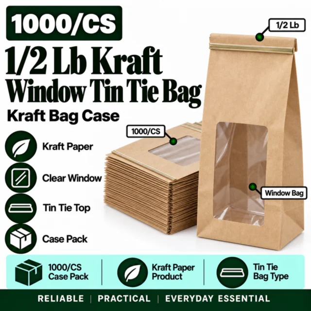 1/2 Lb Kraft Window Tin Tie Bag 1000/CS