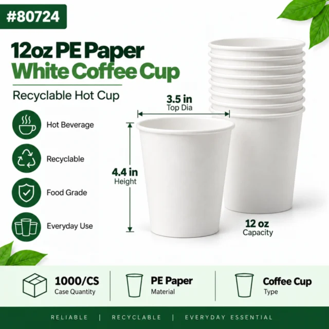 12oz PE Paper White Coffee Cup Case (Recyclable) - 1000/CS (80724)