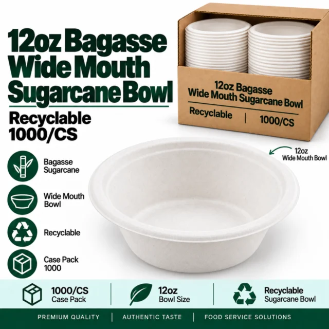 12oz Bagasse Wide Mouth Sugarcane Bowl (Recyclable) - 1000/CS
