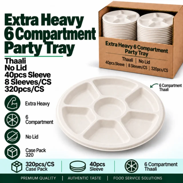 Extra Heavy 6 Cornpartment Party Tray (Thaali) No Lid 40pcs Sleeve (8Sleeves/CS) / (320pcs/CS)