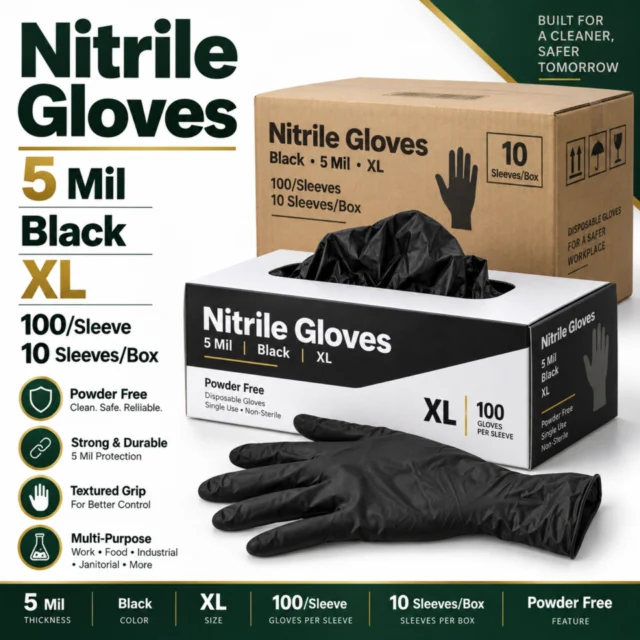 Nitrile Gloves – 5 Mil – -Black - XL 100/Sleeve - (10Sleeves/Box)