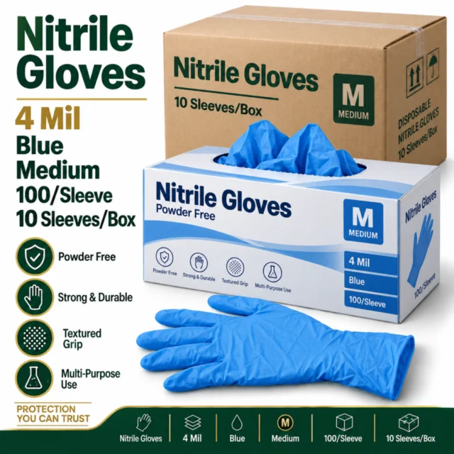 Nitrile Gloves – 4 Mil – Blue – Medium 100/Sleeve - (10Sleeves/Box)