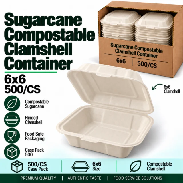 Sugarcane Compostable Clamshell Container – 6x6 - 500/CS