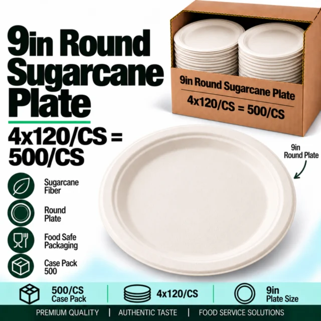 9 Round / 9in Sugarcane Plate Case - 4x120/CS=500/CS