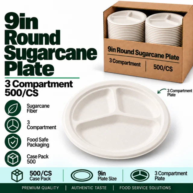 9 Round / 9in Sugarcane Plate - 3 Comp - Case - 500/CS