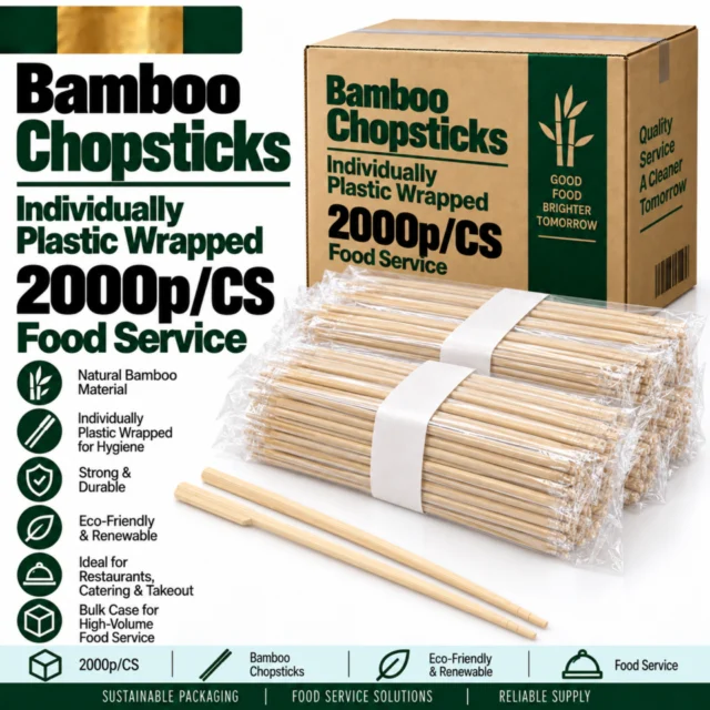 Bamboo Plastic Chopstick Individually Plastic Wrapped - 2000p/CS