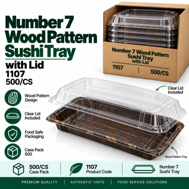 Number 7 Wood Pattern Sushi Tray with Lid - 1107 - 500/CS