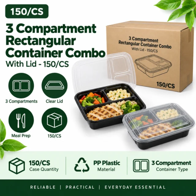 3 Compartment Rectangular Combo Plastic Container - 150/CS (50/Pallett)