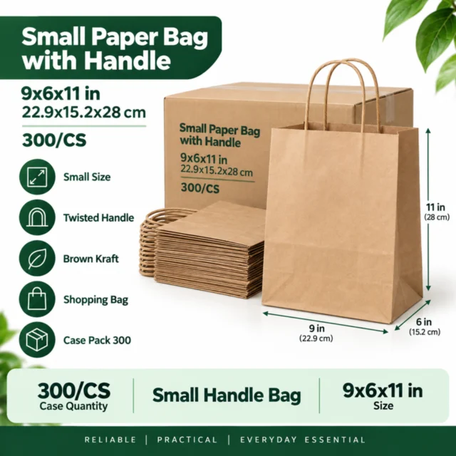 Paper Bag – Small – with Handle 9x6x11 / 22.9x15.2x28cm 300/CS