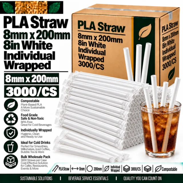 Straw – PLA – 8mm (8mmx200mm) / 8in - White - Individual Wrapped - 3000/CS