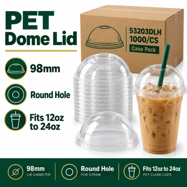 Pet Dome Lid (98mm) with Round Hole fits for 12oz to 24oz PET Clear Cold Cups Case - 1000/CS (53203DLH)
