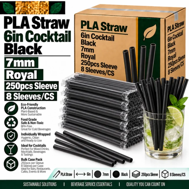 Straw – PLA - 6in - Cocktail - Black 250pcs sleeve - 7mm (Royal) (8sleves/Cs)