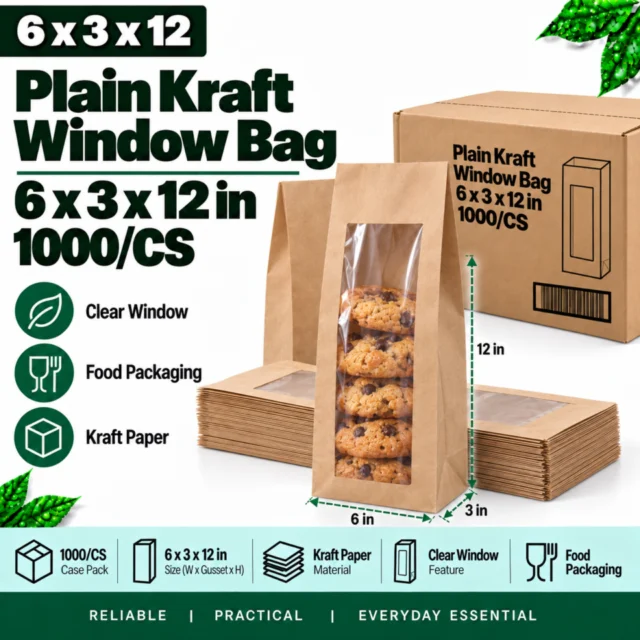 6x3x12" Plain Kraft Window Bag 1000/CS