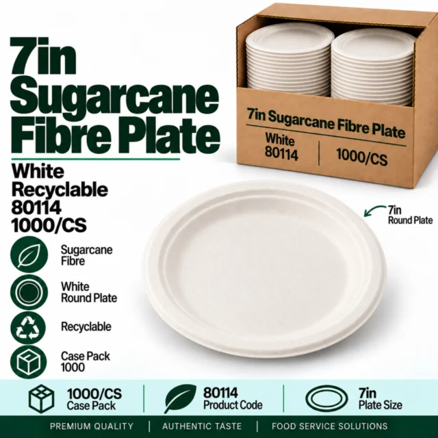 7in Sugarcane Fibre Plate – White (Recyclable) Case- 1000/CS (80114)