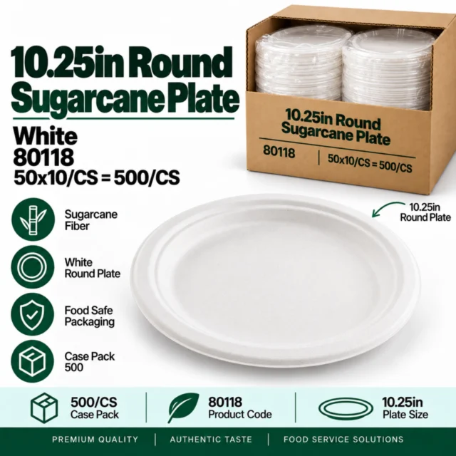 10.25in / 10.25 round Sugarcane Plate – White / Case - 80118- 50x10/CS=500/CS