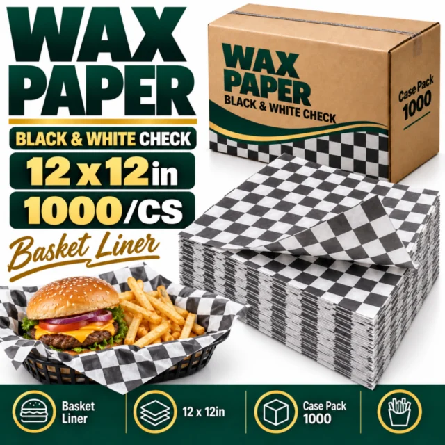 Wax Paper – Black & White – Liner Basket Black Check - 12×12in (1000/CS)