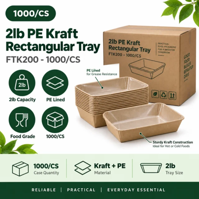 2lb PE Kraft Rectangular Tray - FTK200 (8x125/1000pcs) - 1000/CS