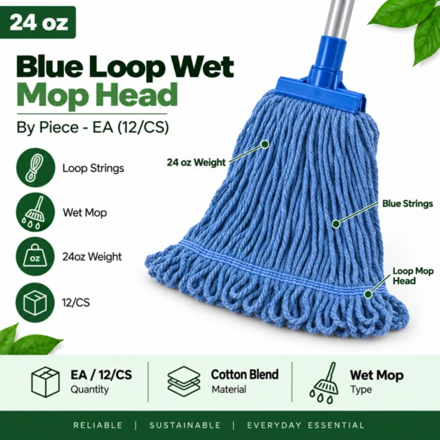 24oz Loop Wet Mop Head Blue with Strings By Piece - EA (12/CS)