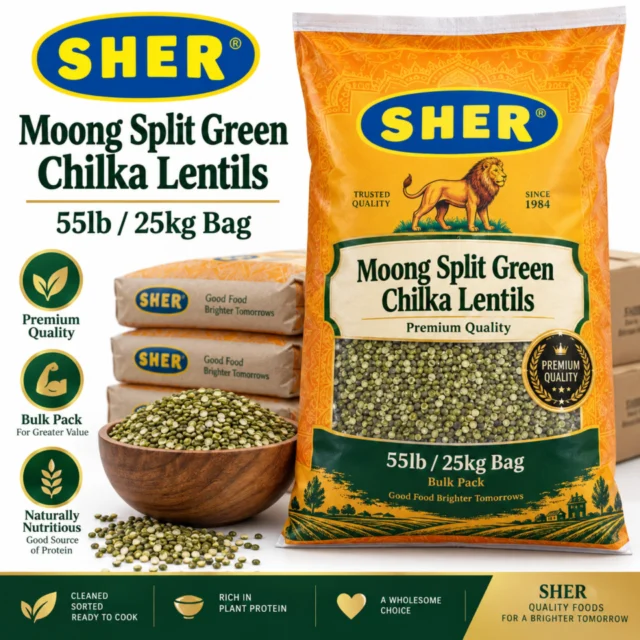 Sher Moong Split Green (chilka) Lentils - 55lb/25kg Bag