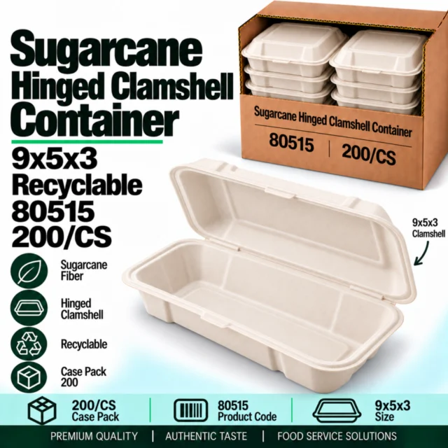 Sugarcane Hinged Clamshell Container– 9x5x3 (Recyclable) - 200/CS (80515)